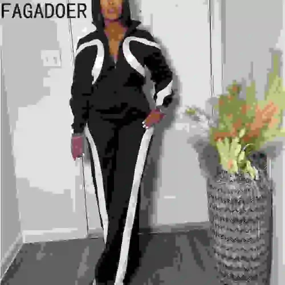 FAGADOER Autumn New Fashion Sports Bodycon Jumpsuits for Women Color Block Zipper Patchwork Rompers Female Streetwear Overalls
