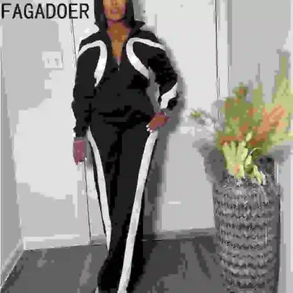 FAGADOER Autumn New Fashion Sports Bodycon Jumpsuits for Women Color Block Zipper Patchwork Rompers Female Streetwear Overalls