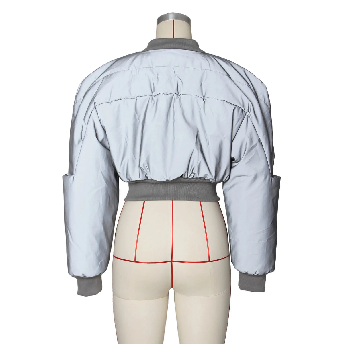 Autumn Winter Cotton Jacket Women's Fashion Round Neck Long-sleeved Zipper Drawstring Waist Warm Casual Reflective Cotton Jacket