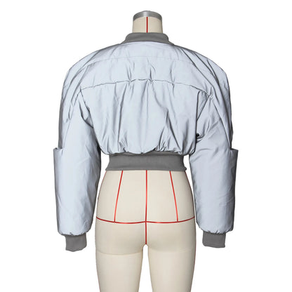 Autumn Winter Cotton Jacket Women's Fashion Round Neck Long-sleeved Zipper Drawstring Waist Warm Casual Reflective Cotton Jacket