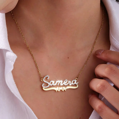 Qitian Personalized Moissanite Name Necklace 925 Sterling Silver 18K Gold Plated Custom Name Pendant Double Heart Design Jewelry