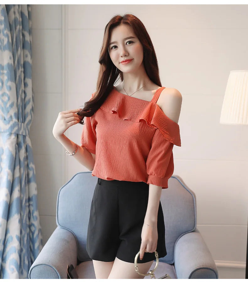 Women's Shirt Tops One-Shoulder Ruffles Short-sleeved Chiffon Blouse