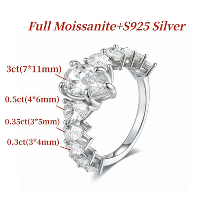 GXTRS 3CT Waterdrop Moissanite S925 Silver Rings For Women Men Sparkling Pear Cut Lab Diamond Wedding Row Band Fine Jewelry Gift