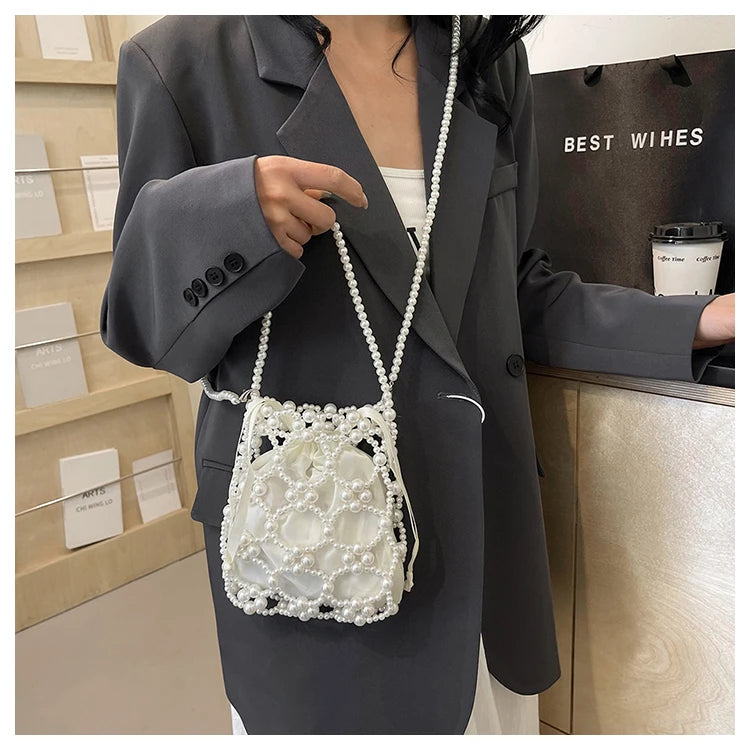 White Beading Bucket Shoulder and Crossbody Bags Exquisite Sense of Luxury Fresh Party Handbags for Women 2024 Fashion on Sale