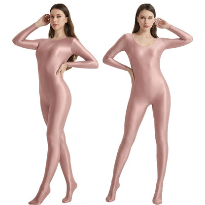 Women's Smooth Glossy High-Elastic Round Neck One Piece Catsuit Long Sleeve Zentai Jumpsuits Cosplay Performance Tights Bodysuit