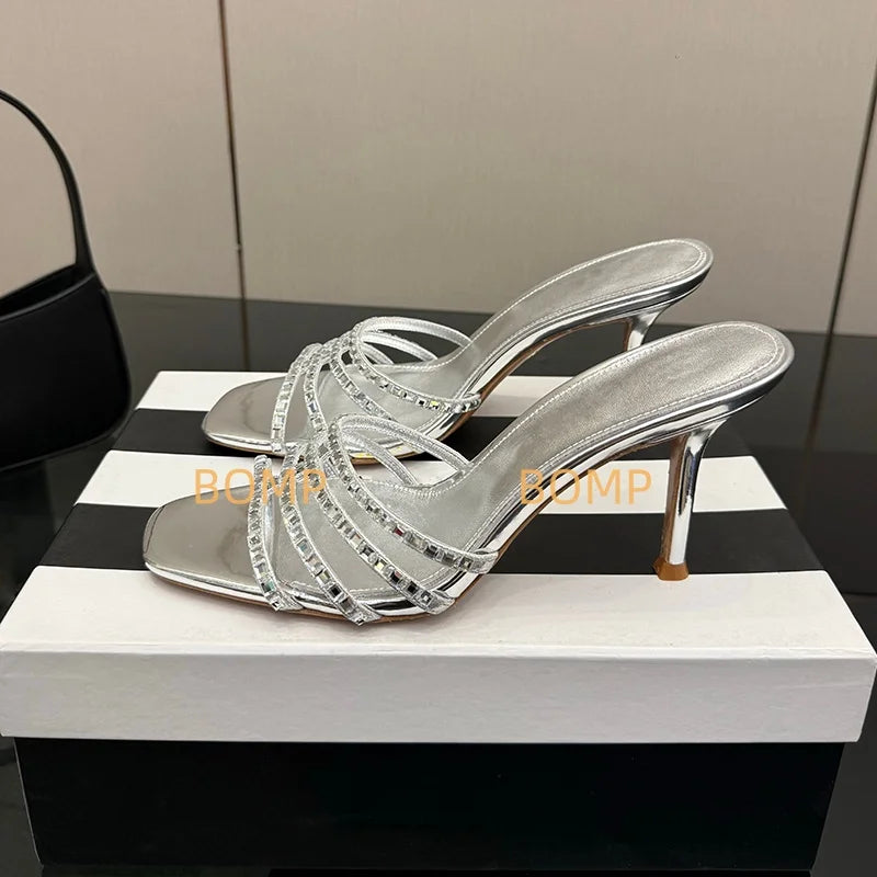 Fashionable Satin Pointed Toe Crystal High Heel Slippers Diamond Stiletto Sandals Luxury Sexy Design for Party Wedding Occasions
