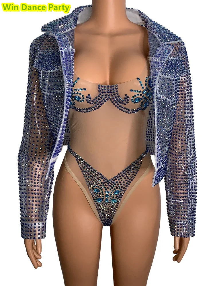 Mesh Fluorescent Full Diamond Slim Fit Hip Wrapped Jumpsuit Jacket Singer Model Nightclub Bar Performance Costume