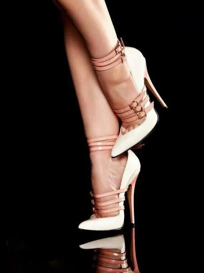 Women's Patchwork Buckled Leather Pumps Spring Summer Shallow Plus Size Stilettos Pointed Toe Thin High Heels Party Shoes