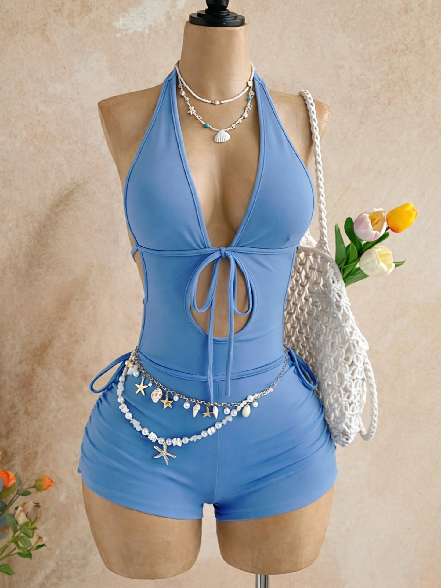 American-Style Spicy Girl Red One-Piece Jumpsuit, Halter Neck, Deep V, Backless, Tie-Waist, Slimming, Short Beach Vacation Jumpsuit