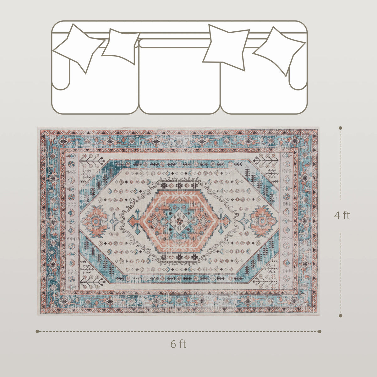 Machine Washable Area Rug, 4'x6' Vintage Oriental Medallion Distressed Rugs Soft Printed Floor Mat, Brown and Blue