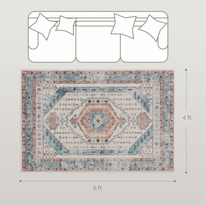 Machine Washable Area Rug, 4'x6' Vintage Oriental Medallion Distressed Rugs Soft Printed Floor Mat, Brown and Blue