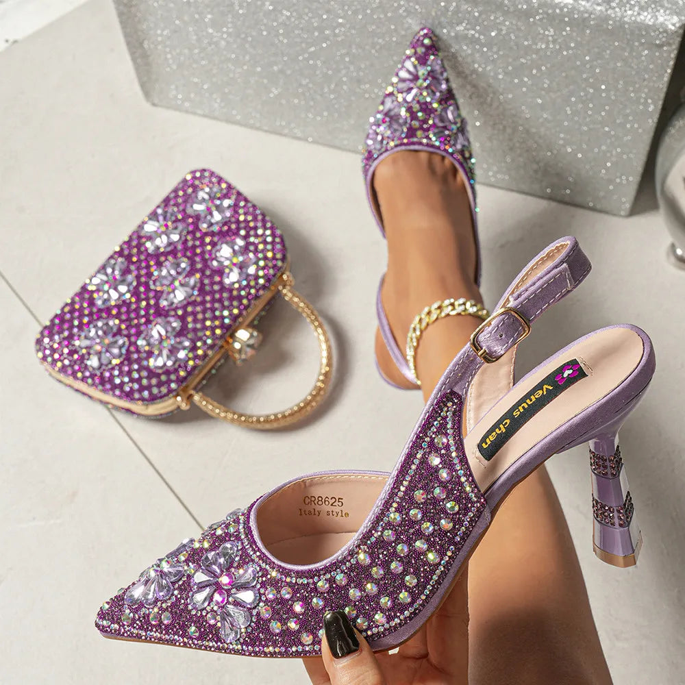 Luxury Handmade Flowers Shoes and Clutch for Women- Nigerian Style Elegant Crystal Heels with Matching Evening Bags