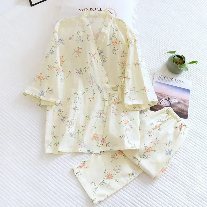 2026 new seven-sleeve Japanese-style kimono pajamas set female spring and autumn 100% cotton gauze home clothes cute sweet two-p