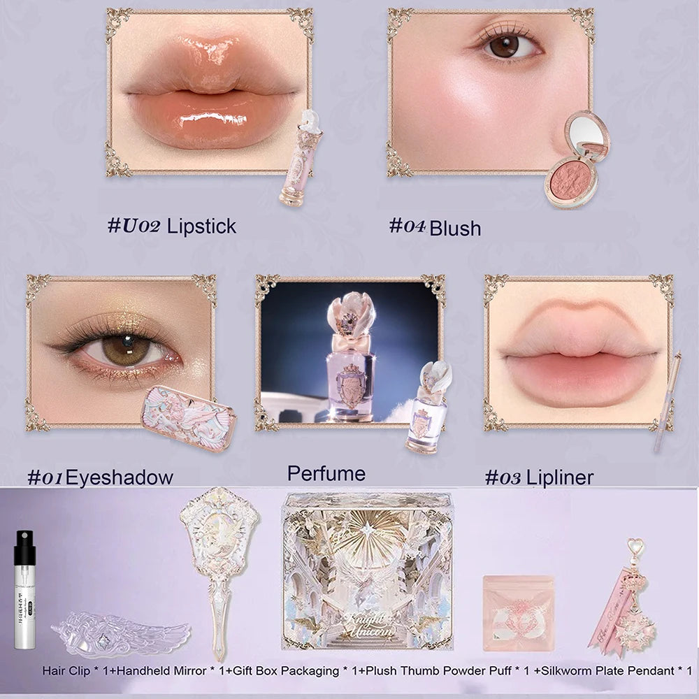 Flower Knows Knight Unicorn Collection Makeup Gift Set Perfumes Lipstick Blush Cloud Setting Powder Eye Shadow Cosmetics Kit