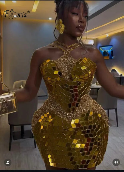 Luxury Golden Mirror Mosaic Bodycon Prom Dress Halter Neck Cutout Short Party Dress Sleveless Mini Nightclub Birthday Outfit
