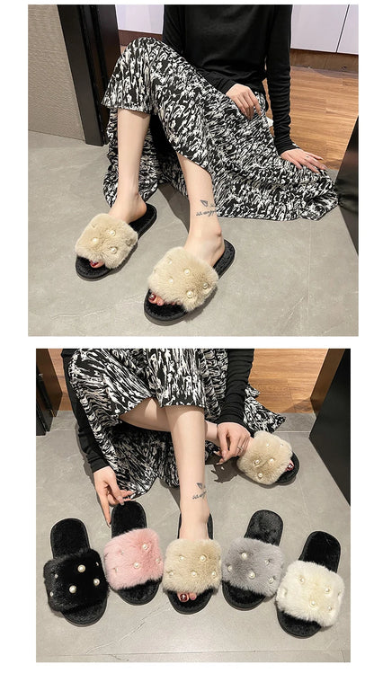 Perle Fluffy Slippers Home Winter Casual Designer Shoes Women 2025 New Luxury Indoor Plush Slides Girls Fashion Elegant Footwear