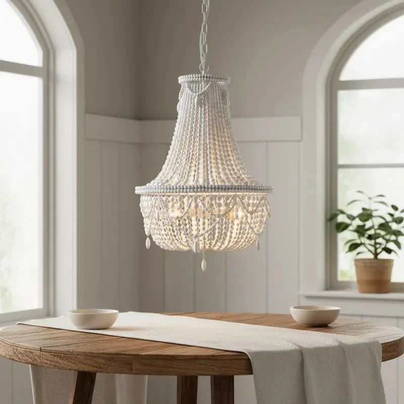 French Country white wood Bead Chandelier dining room bedroom princess Decorative chandelier 3/5 lights hanging light fixture