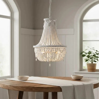 French Country white wood Bead Chandelier dining room bedroom princess Decorative chandelier 3/5 lights hanging light fixture