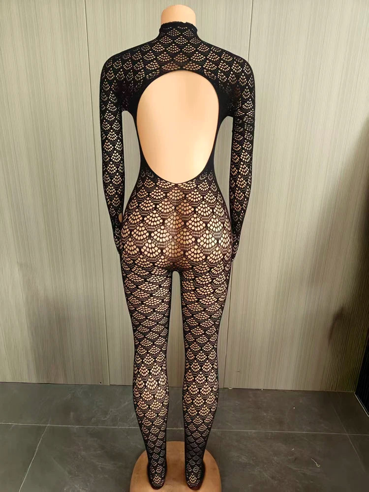 Women's Jumpsuits Lace See Through Mesh Stretch Rompers Sexy One Piece Backless Bodycon Jumpsuit Night Out Club Party Wear