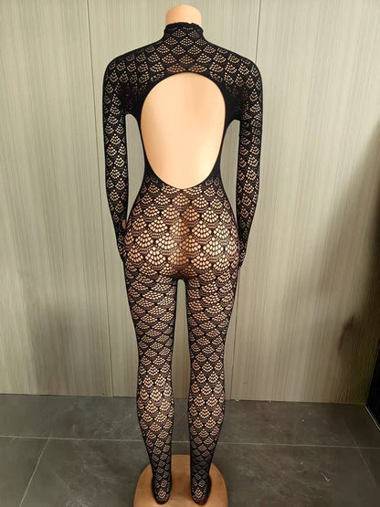 Women's Jumpsuits Lace See Through Mesh Stretch Rompers Sexy One Piece Backless Bodycon Jumpsuit Night Out Club Party Wear
