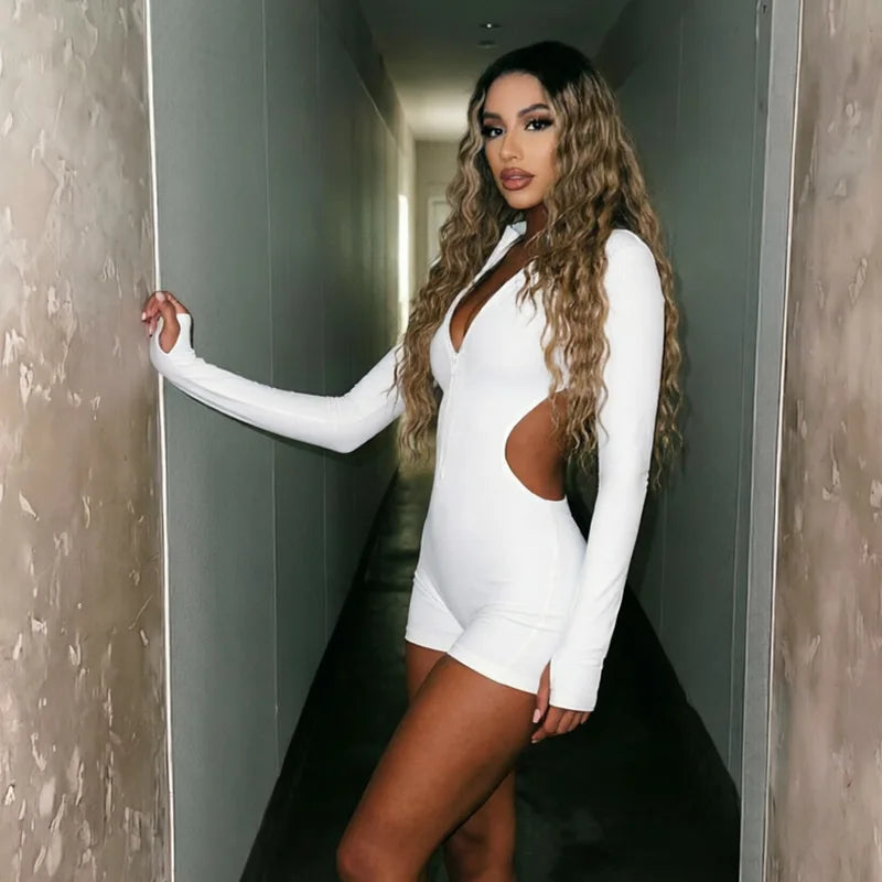 2026 Autumn Women Solid Backless Skinny Playsuits Fashion Zip-up Stand Collar Full Sleeve Ruched Peach Hip Slim Rompers Clubwear