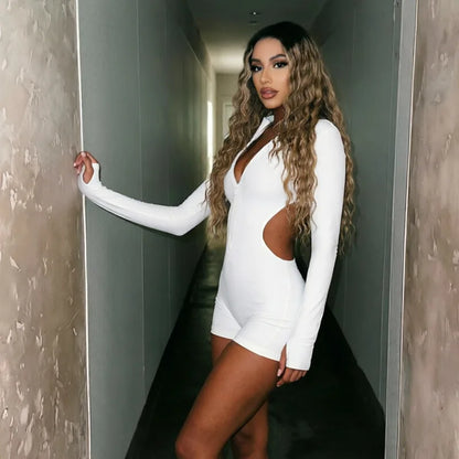 2026 Autumn Women Solid Backless Skinny Playsuits Fashion Zip-up Stand Collar Full Sleeve Ruched Peach Hip Slim Rompers Clubwear