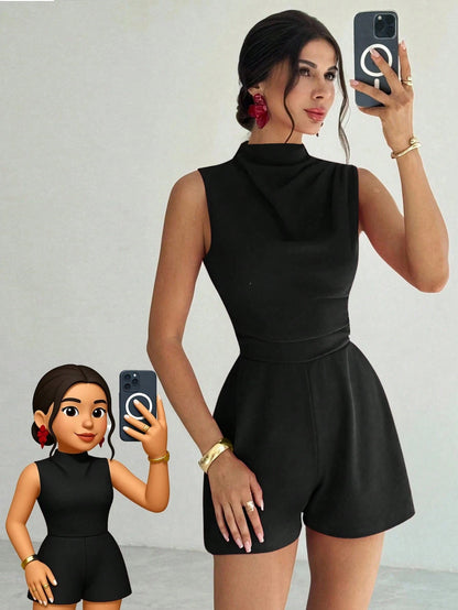 Women's Black Sleeveless Mock Neck Jumpsuit, Waist-Tie Slimming Wide Leg Shorts, Elegant Socialite Style Romper