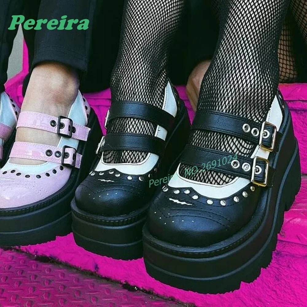 Pink Patchwork Multi-Buckled Ankle Boots Round Toe Gothic Thick Soled Shallow Women's Boots Autumn Summer Cutout Punk Shoes Sexy