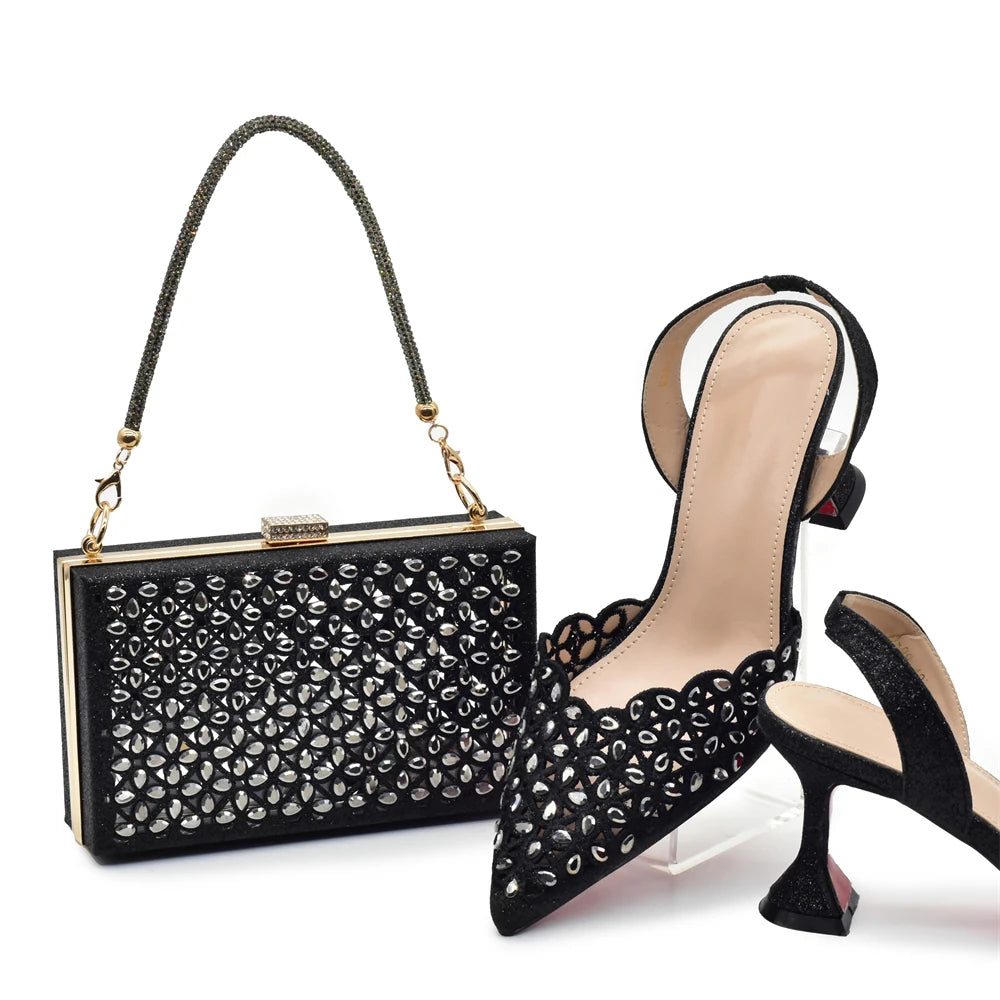 New Arrival Nigeria Women Designer Shoes and Bags Decorated with Rhinestone Wedding Italian Shoes Bag Set Pumps Women Luxury