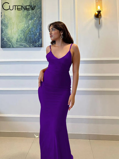 Nibber Red Shiny Spaghetti Strap Maxi Dress Women Solid Sexy Backless Ruched Cleavage Body-shaping Robe Lady Hipster Streetwear