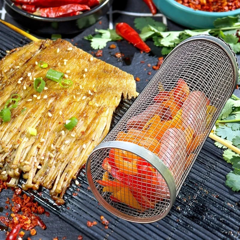 Barbecue Grill Grate Barbecue Cages Camping Picnic Cookware Outdoor Round BBQ Campfire Grill Grid Rolling Grill Basket