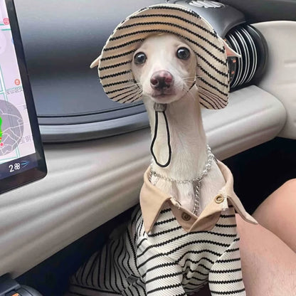 Dog Clothes in Spring Khaki Strips Polo Shirt with Pocket for Italy Greyhound Soft Long Sleeves Cotton Coat Hat Suit for Whippet