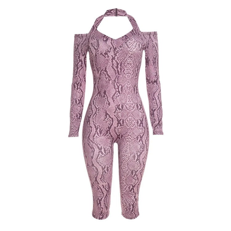 FLARORA Sexy Serpentine Print Jumpsuits Woman Halter Off-shoulder Full Sleeve Skinny Peach Hip Playsuits Hottie Party Clubwear