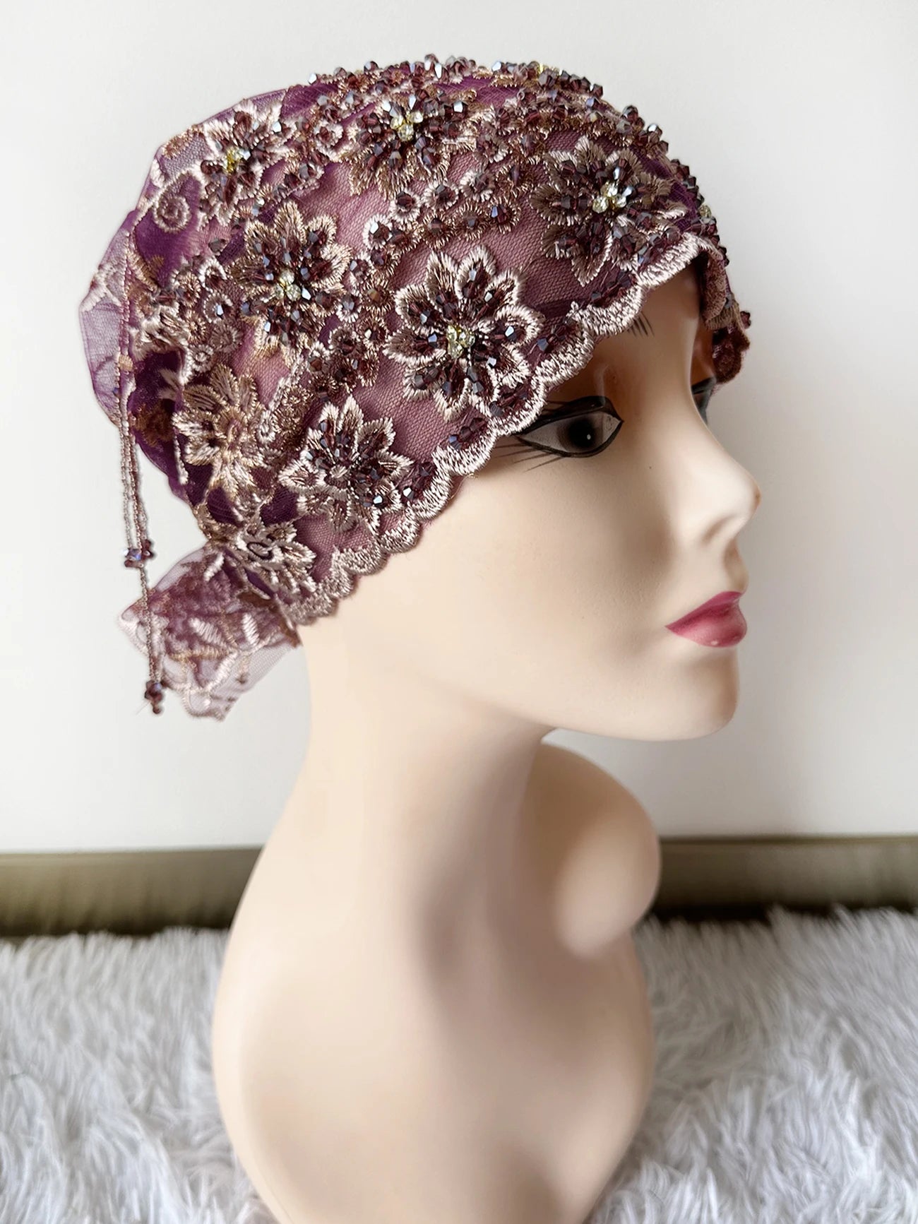 High Quality Lace handcrafted Beaded Turban Hat Female Head Wraps Caps Muslim Women Headscarf Bonnet Ready to Wear Inner Hijabs