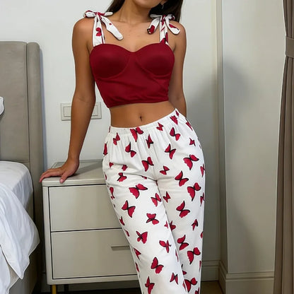 Women's Butterfly Print Tie Strap Cami Long Pants Pajama Set Summer Sexy Lounge Wear 2 Piece Set Female Soft Sleepwear