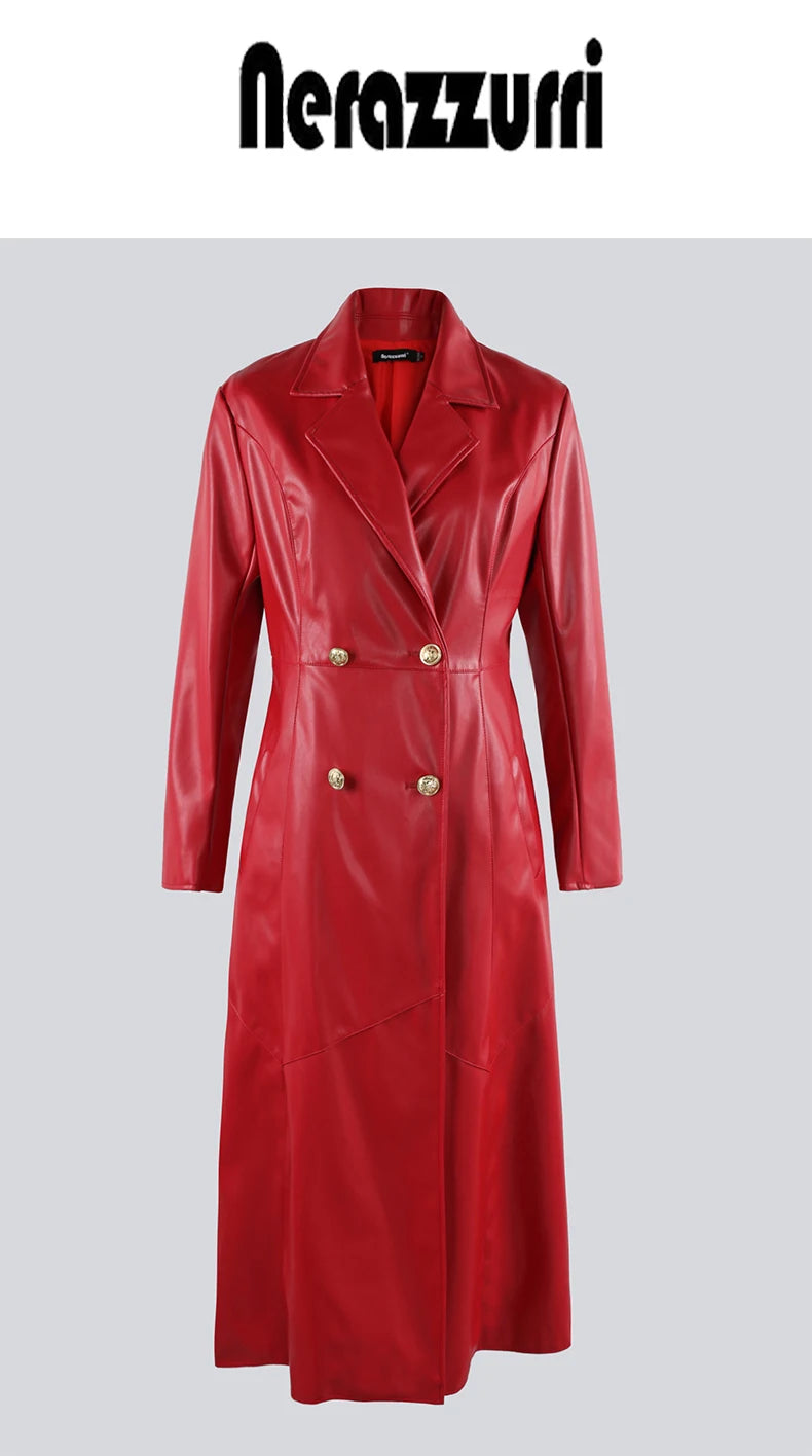 Nerazzurri Extra Long Red Black Pu Leather Trench Coat for Women with Gold Button Double Breasted Luxury Elegant Chic Overcoat