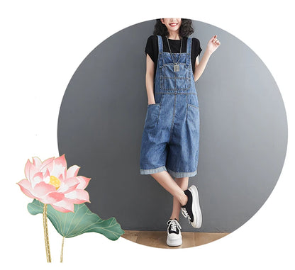 Spring Summer Jean Short Jumpsuits Women Casual Streetwear Loose Wide Leg Shorts Denim Overalls Straps Rompers Cargo Baggy Pants