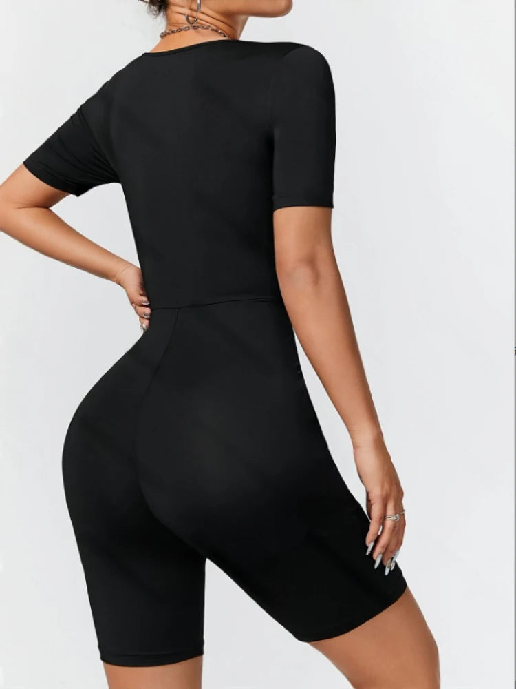 Women's Jumpsuit Suitable For All Seasons Slim Fit Simple Knit High Elasticity Square Neck Short Sleeved Top And Shorts Jumpsuit