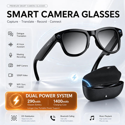 Smart Glasses with Camera 8MP HD Photo Video Recording EIS Anti Shake 1400mAh Charging Case WiFi Sync Transfer for Men Women
