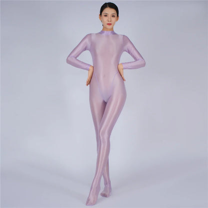 Sexy Women Yoga Shaper Tight Wear Oil Glossy Shiny Elastic Bodysuit Sheer See Through Rompers Jumpsuits Candy Color