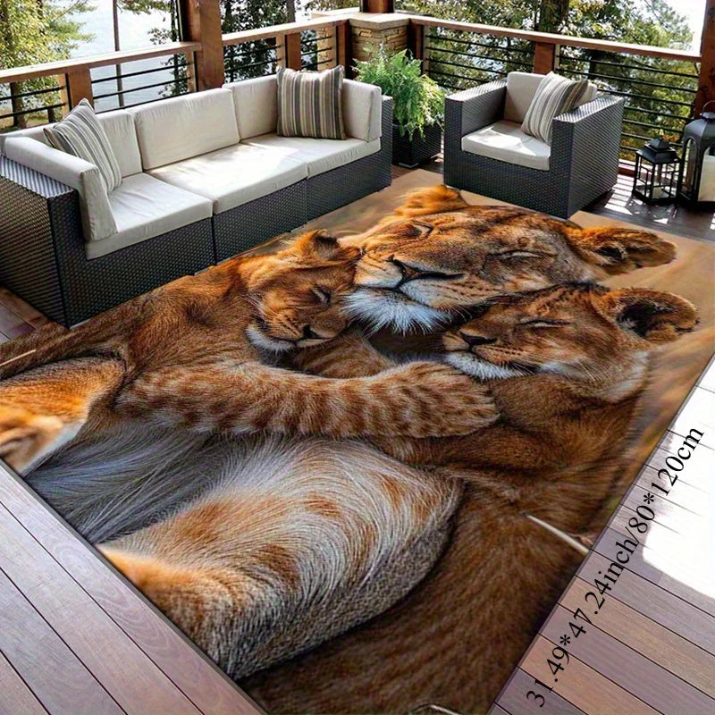Flannel Printed Lion Family Rug Wild Animal Art Design Soft Fleece Outdoor Mat Garden Patio Carpet Nature Decor Rugs