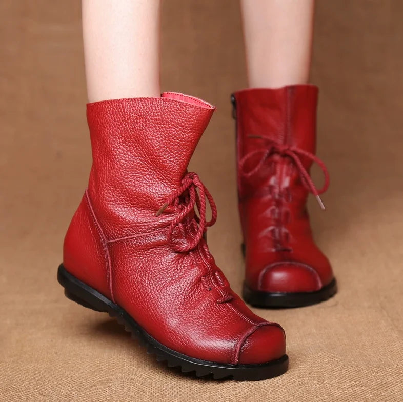 JIANBUDAN/ Genuine Leather Plush Women's Short Boots Retro Casual Autumn Winter Women's Boots Waterproof Leather Warm Snow Boots