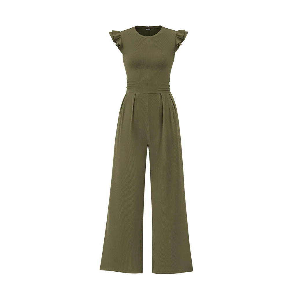 Spring/Summer 2026 New Collection Women's Round Neck Sleeveless Ruffled Trim Fitted Waist and Leg-Sculpting Jumpsuit