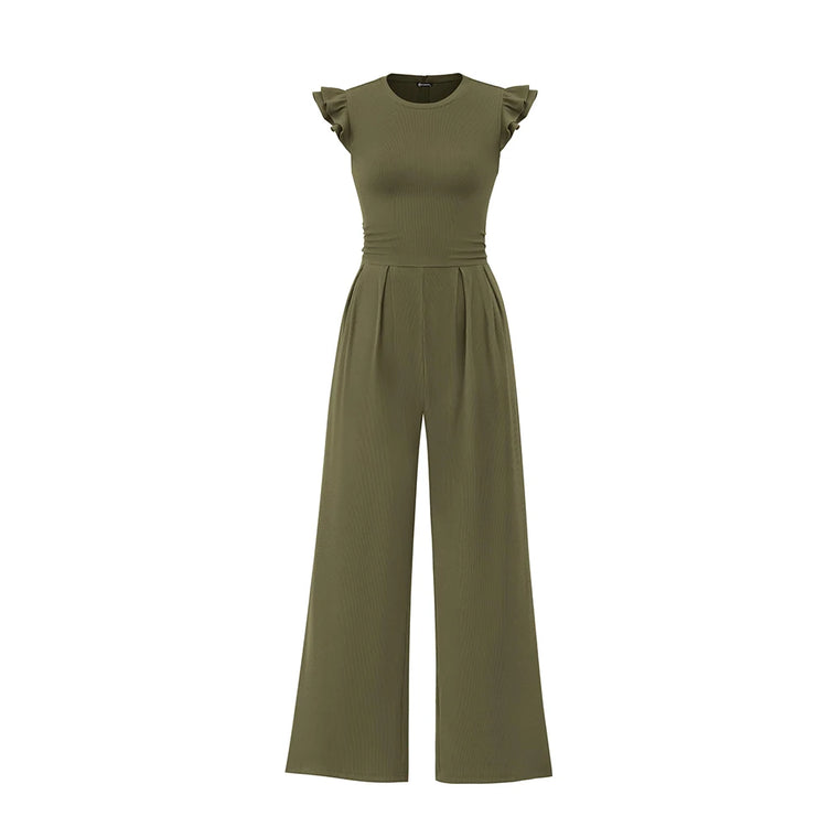 Spring/Summer 2026 New Collection Women's Round Neck Sleeveless Ruffled Trim Fitted Waist and Leg-Sculpting Jumpsuit