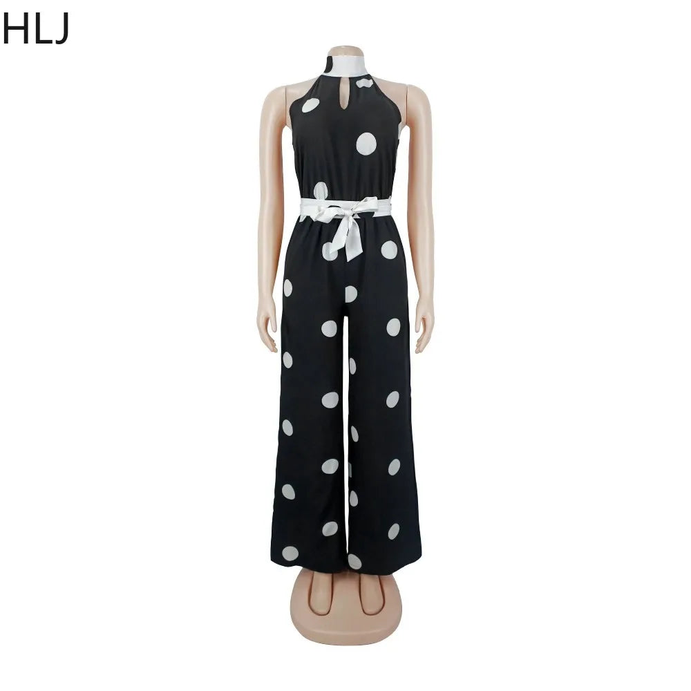 HLJ Retro Polka Dot Printting Bodycon Jumpsuit Women Halter Sleeveless Backless Rompers Casual Vacation Party Ladies Outfits New