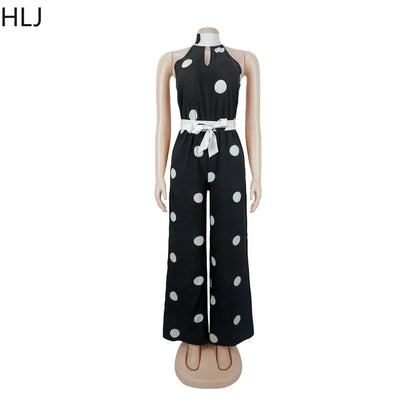 HLJ Retro Polka Dot Printting Bodycon Jumpsuit Women Halter Sleeveless Backless Rompers Casual Vacation Party Ladies Outfits New