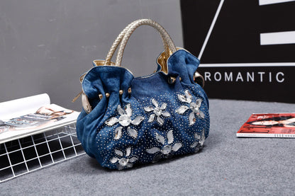 New Luxury Women Denim Bags Sweet Blue Pattern High Quality Handbags With Purses Diamond Ladies Tote Bag Messenger Bags