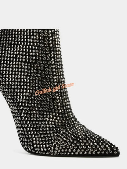 Sexy Rhinestone Short High Heeled Boots Zipper Sexy Pointy Toe Stiletto Thin High Heel Runway 2026 Women Winter Autumn Shoes