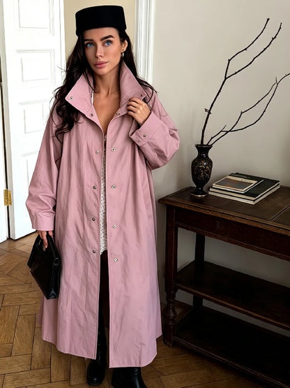 Casual Stand Collar Women Long Trench Coat Single-breasted Lantern Sleeves Pink Windbreaker Jacket Spring Fall Fashion Overcoat