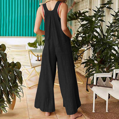 Women Summer Boho Jumpsuit Overalls Solid Ethnic Style Square Neck Sleeveless Casual Jumpsuit Pockets Loose Pants Jumpsuits 2024